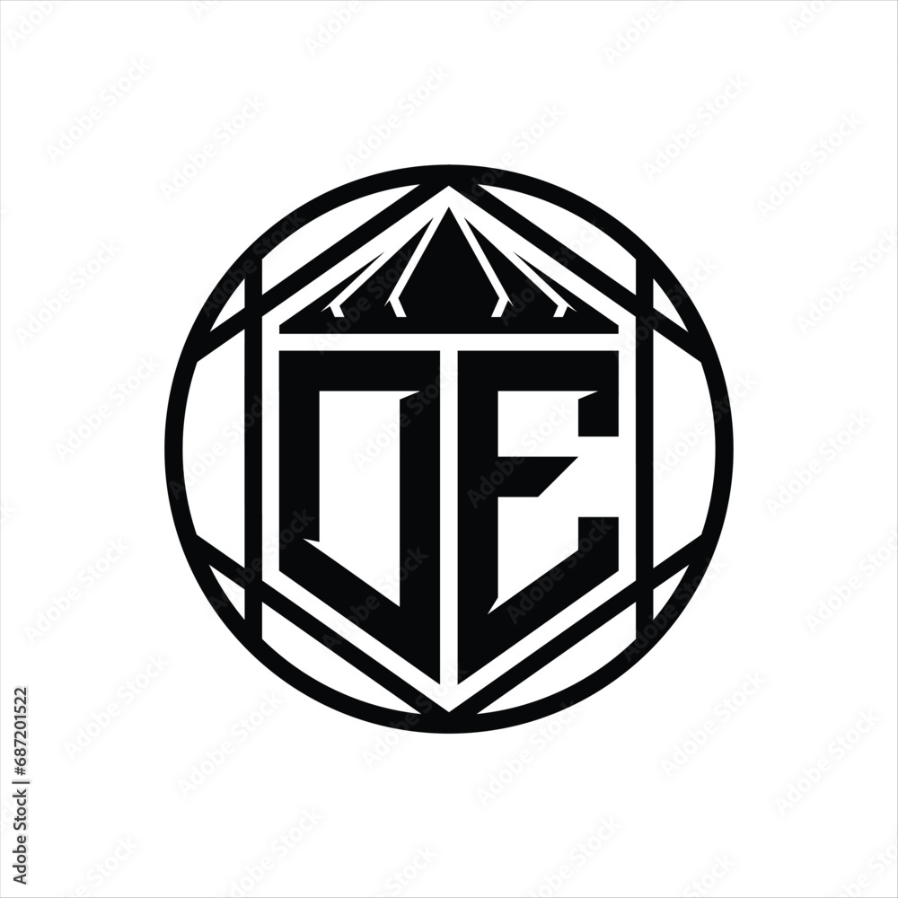 DE Letter Logo monogram hexagon slice crown sharp shield shape isolated circle abstract style design DE Letter Logo monogram hexagon slice crown sharp shield shape isolated circle abstract style design