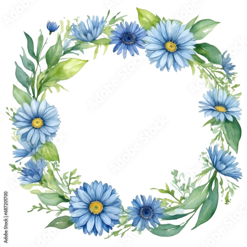 Watercolor illustration blue transvaal daisy flowers with green vivid leafs border. Creative graphics design.