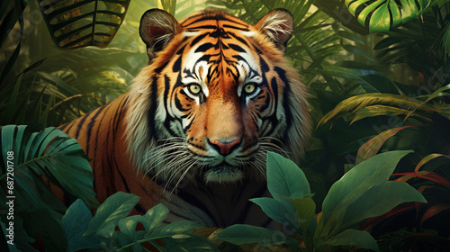 A tiger in the jungle  with its stripes and powerful muscles on full display. Generative Ai