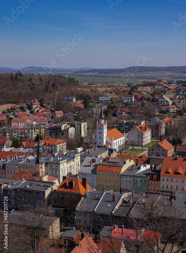View to Poland town Bolkow from the walls of Medieval Castle. Ancient sightseeing of Lower Silesia Voivodeship.