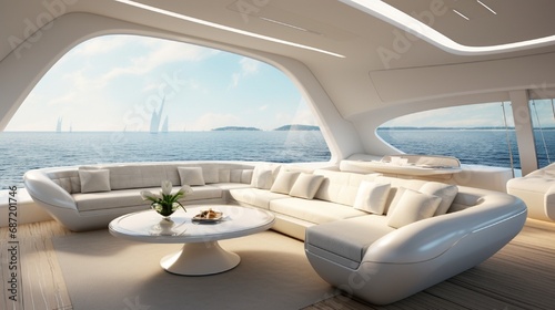 A white yacht interior with clean lines, plush white seating, and large windows offering stunning views of the open sea.