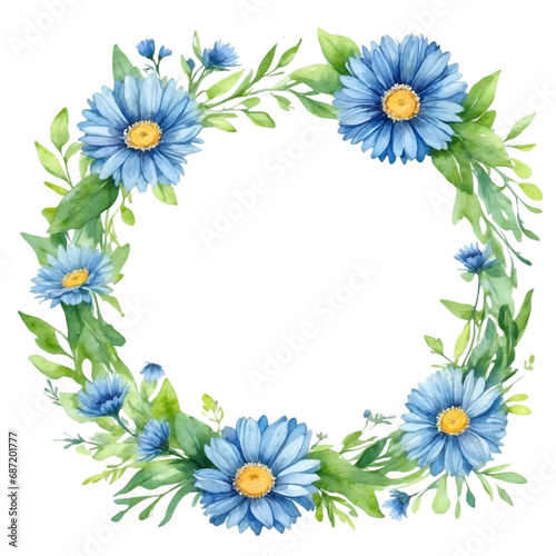 Watercolor illustration blue transvaal daisy flowers with green vivid leafs border. Creative graphics design. © Clip Arts Fusion 