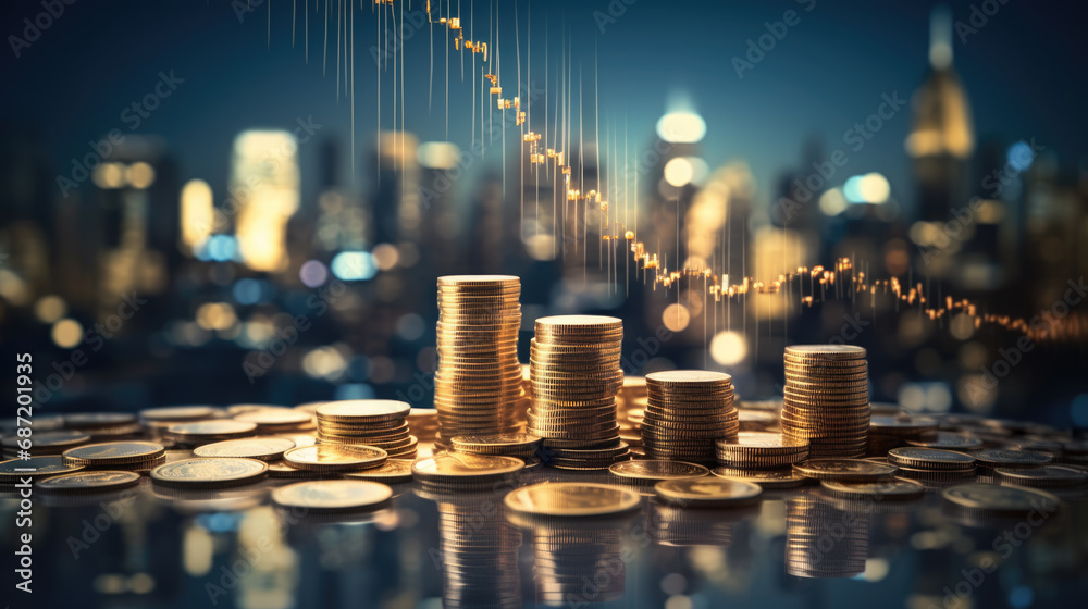 Financial growth with stacks of coins in the foreground and a blurred graph indicating stock market trends in the background. - obrazy, fototapety, plakaty 