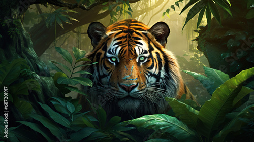 A tiger in the jungle, with its stripes and powerful muscles on full display. Generative Ai