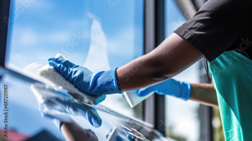 Person wearing blue rubber gloves cleaning a window with a sponge, with a clear blue sky reflected in the glass photo