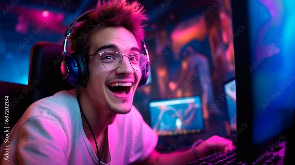 gamer in the process of playing, happy and satisfied face, for computer game clubs. Generative AI gamer in the process of playing, happy and satisfied face, for computer game clubs. Generative AI
