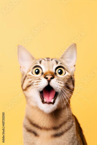 Funny surprised cat isolated on bright background. Studio portrait of a cat with amazed face.