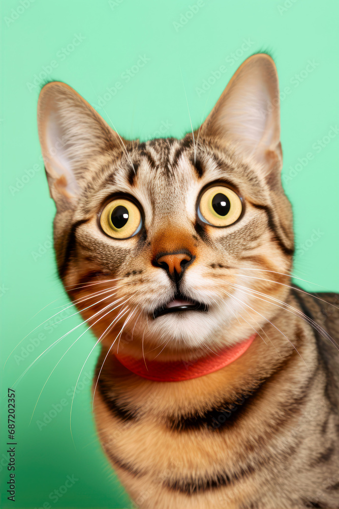 Funny surprised cat isolated on bright background. Studio portrait of a cat with amazed face. Funny surprised cat isolated on bright background. Studio portrait of a cat with amazed face.