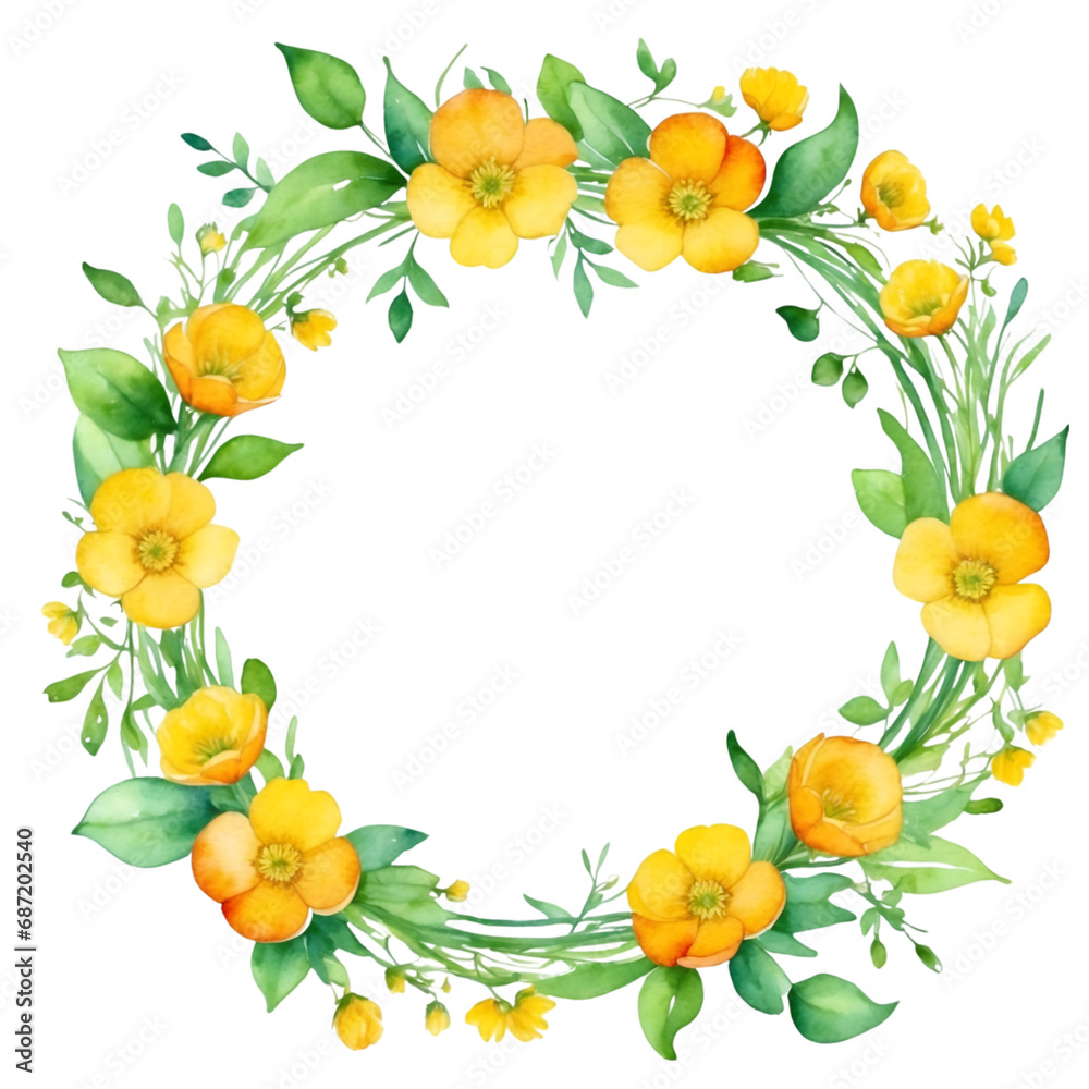 Watercolor illustration yellow buttercup flowers with green vivid leafs border. Creative graphics design.