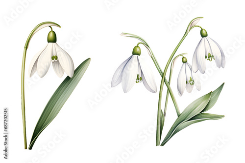 Galanthus nivalis Flower, watercolor clipart illustration with isolated background photo