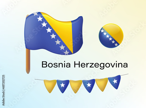Set festive flags object. Bosnia and Gerzegovina . Bright vector 3d cartoon illustration in minimal realistic style. photo