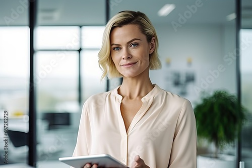Thoughtful business woman holding a tablet in an office, Confident professional corporate leader, happy female executive, manager standing in office, looking at camera, portrait