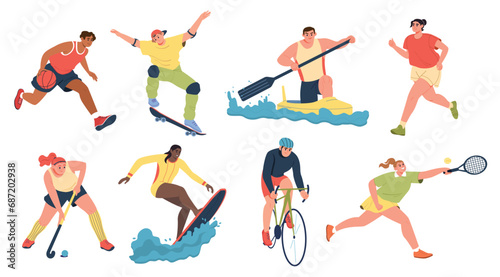 Summer sports. Various outdoor activities. Young people play tennis, basketball, field hockey, kayak, skate, ride a bike, surf a wave. Vector colorful illustration on an isolated white background. photo