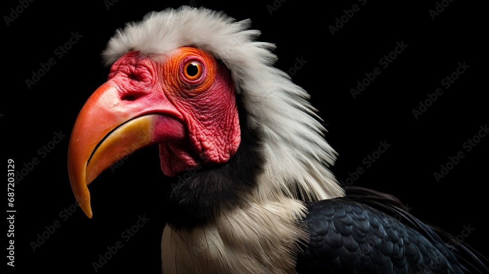 A king vulture portrait on a black background.