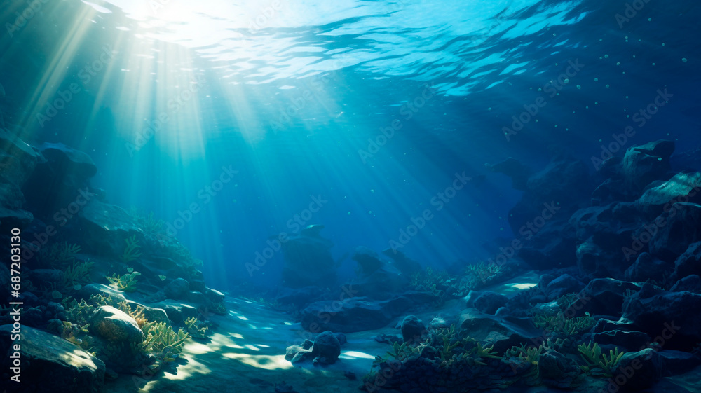 A tranquil underwater setting illuminated by sunlight that gracefully touches the ocean floor, creating a serene backdrop. Generative AI