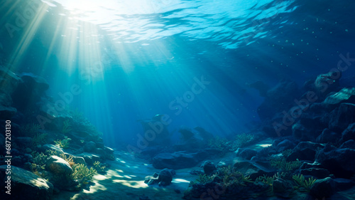 A tranquil underwater setting illuminated by sunlight that gracefully touches the ocean floor, creating a serene backdrop. Generative AI © Yuriy Maslov