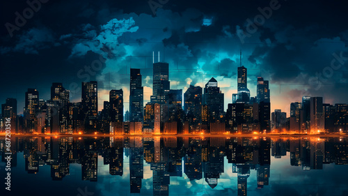 Urban Reflections: Skyscrapers and City Silhouettes Illuminate Night Lights in Modern Metropolises. Generative AI © Юрий Маслов