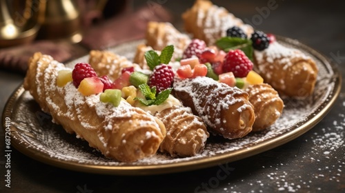 Close-up, Sicilian cannoli, deep fried pastry tubes on the table with sweet ricotta cream and dried candied fruits and fresh berries. Homemade Italian dessert on a Mardi Gras treat plate