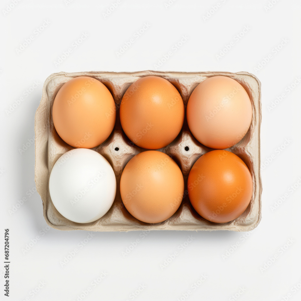 Assorted Eggs in Carton. A carton of brown and one white egg, symbolizing diversity and natural produce. Assorted Eggs in Carton. A carton of brown and one white egg, symbolizing diversity and natural produce.