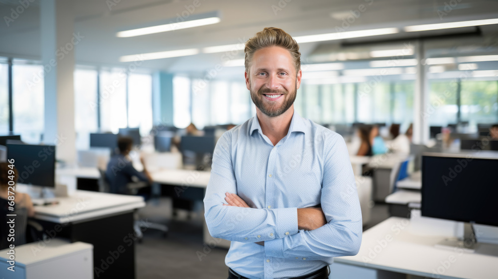 Smiling businessman standing in his office Smiling businessman standing in his office