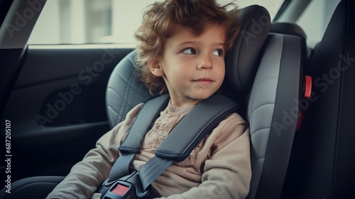Kleines Kind sitzt im Kindersitz im Auto und schaut zur Seite