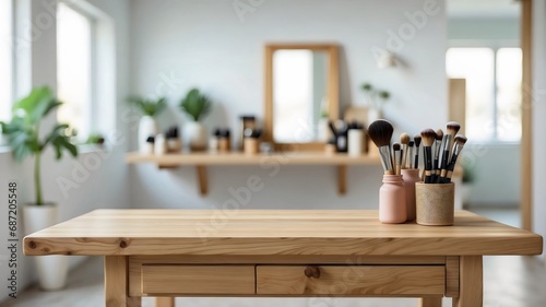 empty wooden table top with blur background of makeup room
