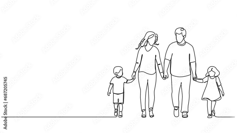 animated continuous single line drawing of mother and father with two children walking hand in hand, family line art animation animated continuous single line drawing of mother and father with two children walking hand in hand, family line art animation