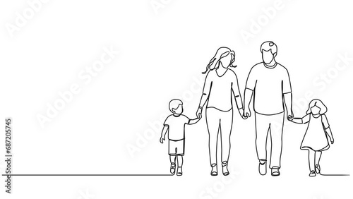 animated continuous single line drawing of mother and father with two children walking hand in hand, family line art animation photo