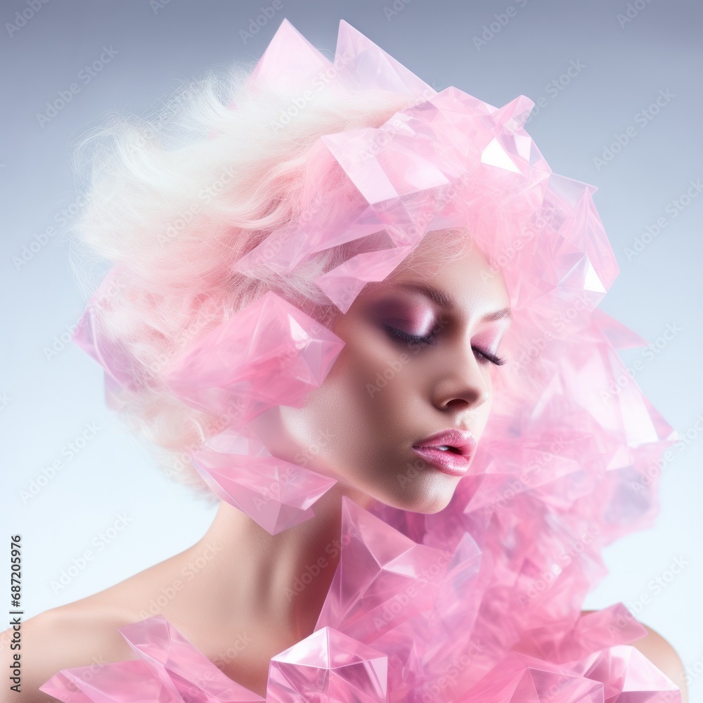 a woman with pink hair and pink crystals on her head