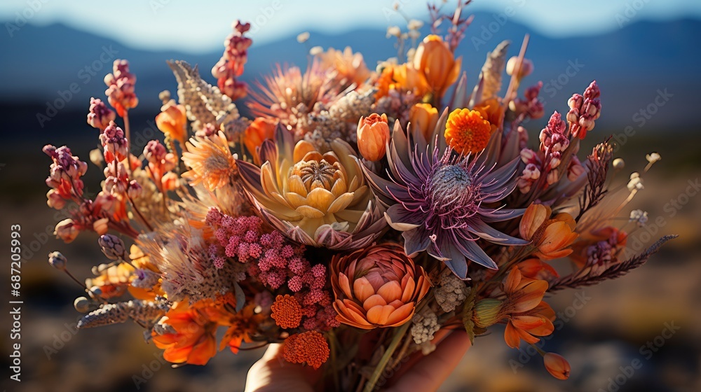 Fototapeta premium Bouquet Wild Flowers Male Hands Mountain, Background Image, Desktop Wallpaper Backgrounds, HD