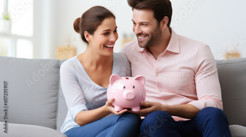 Smiling couple sitting on a sofa, holding a pink piggy bank together, symbolizing financial planning and savings in a domestic setting.