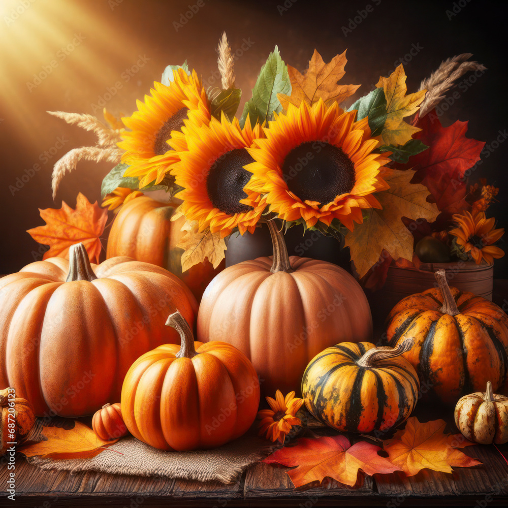 Autumn photo of composition of pumpkins, fall leaves and sunflowers. Thanksgiving season banner. ai generative Autumn photo of composition of pumpkins, fall leaves and sunflowers. Thanksgiving season banner. ai generative