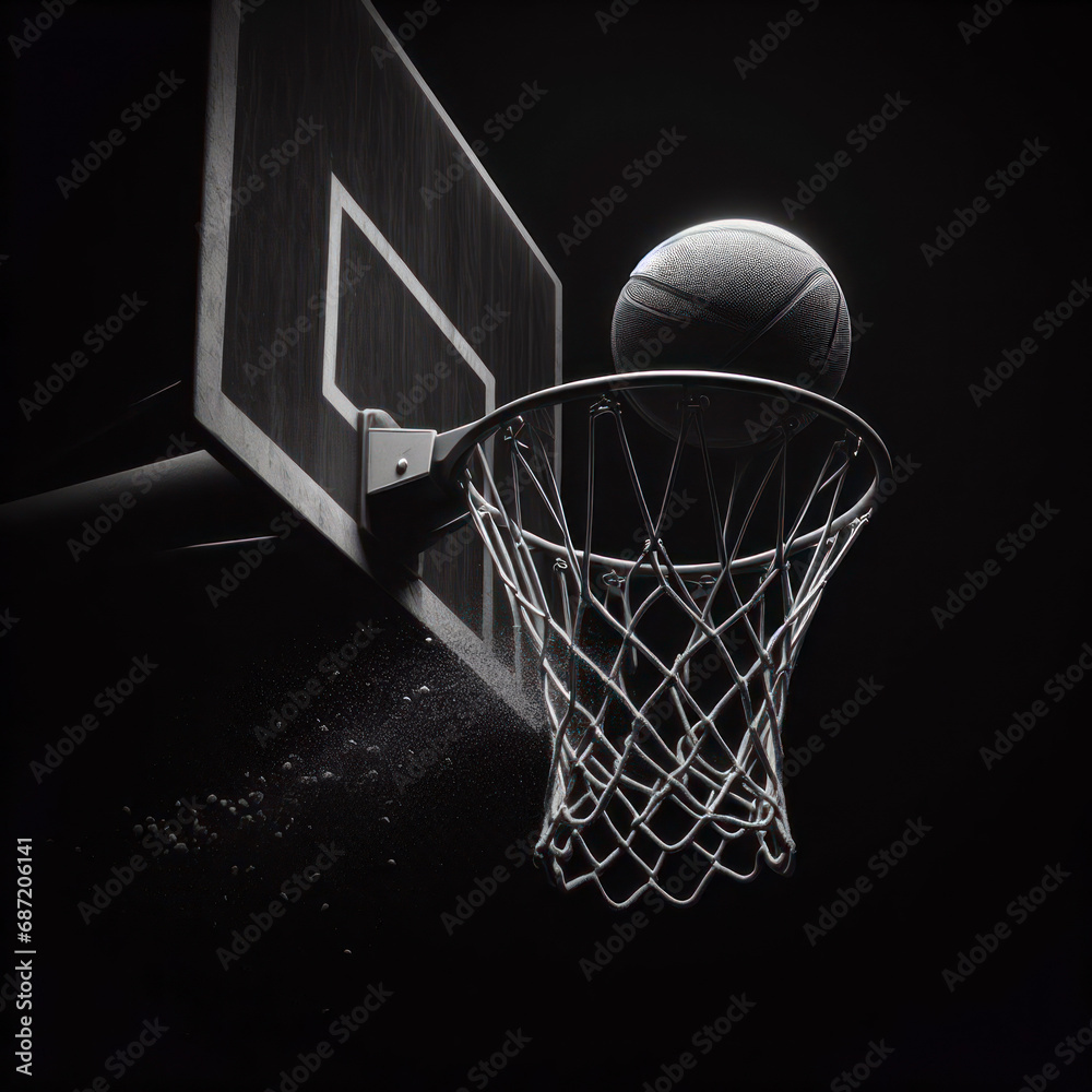 basketball hoop and ball fly too basket solid black background. ai generative
