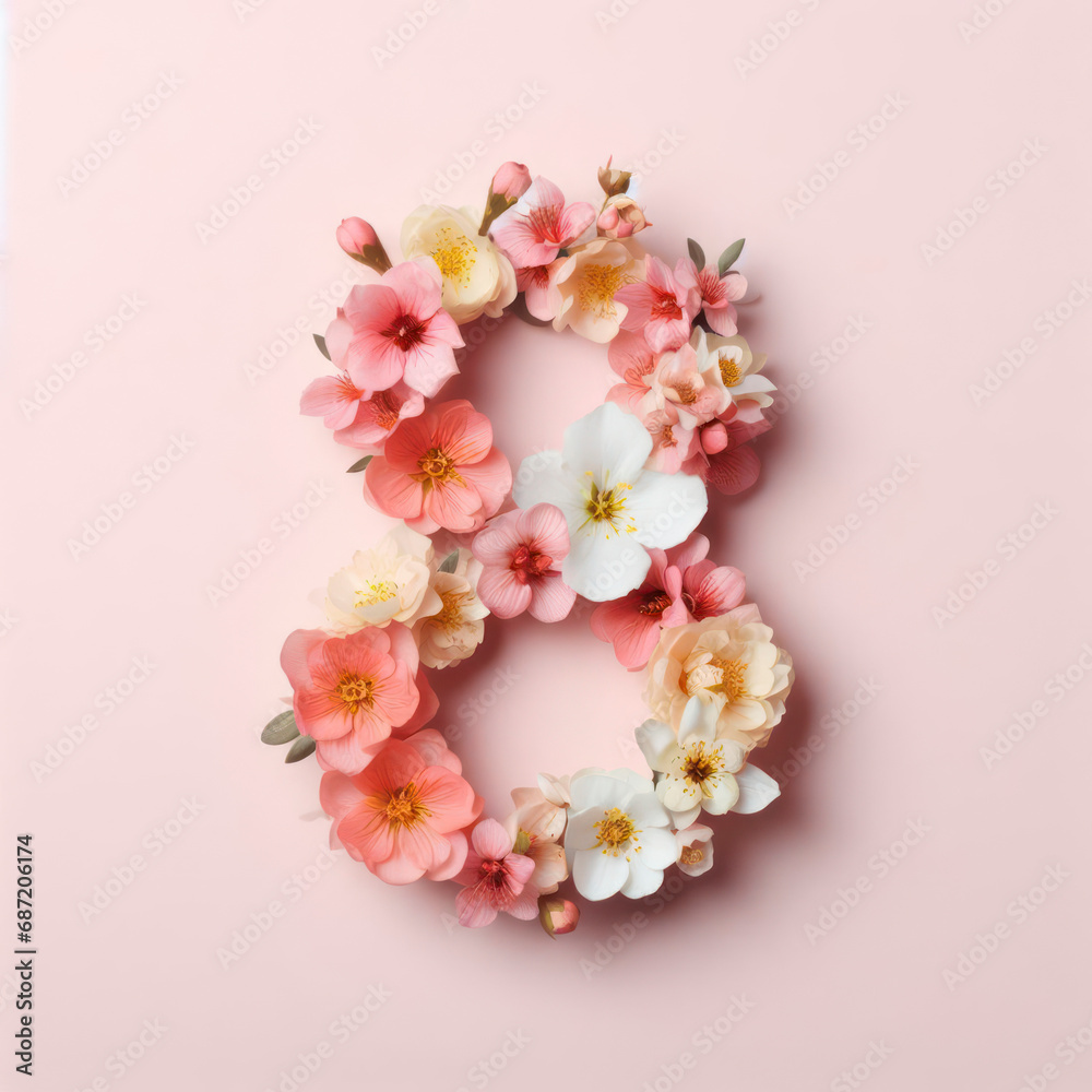 Blooming flowers on solid pink pastel background in shape Number 8. ai generative Blooming flowers on solid pink pastel background in shape Number 8. ai generative