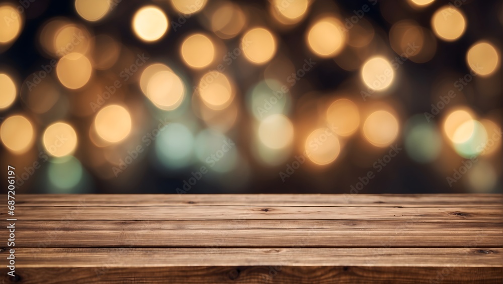 Empty wooden table top with defocused bokeh Christmas Fair lights background Empty wooden table top with defocused bokeh Christmas Fair lights background