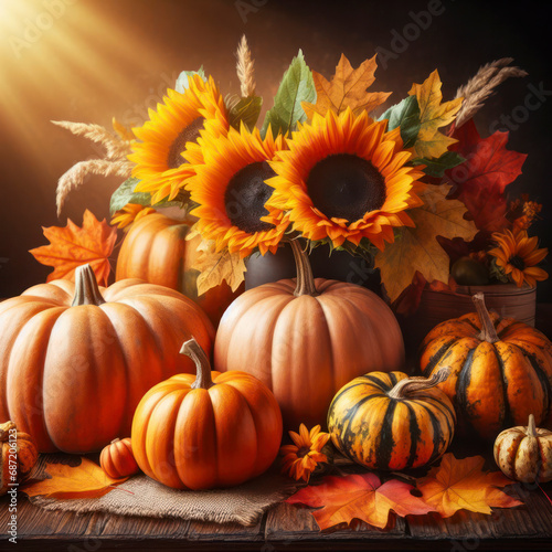 Autumn photo of composition of pumpkins  fall leaves and sunflowers. Thanksgiving season banner. ai generative