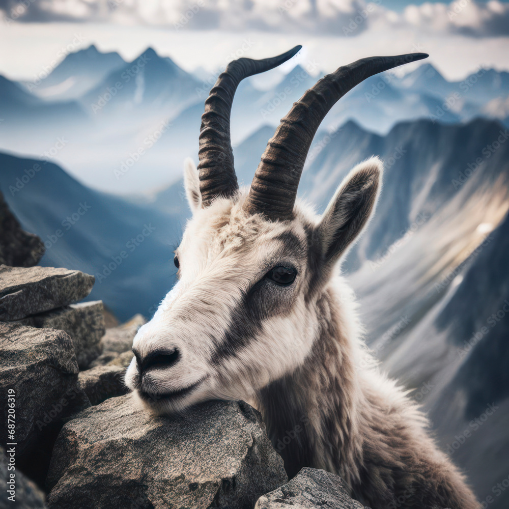 Close up Tatras stone hosts a lively mountain goat. ai generative