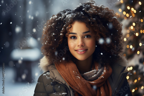 A smiling young African American woman with curly hair walks in the park in the snowfall. winter.