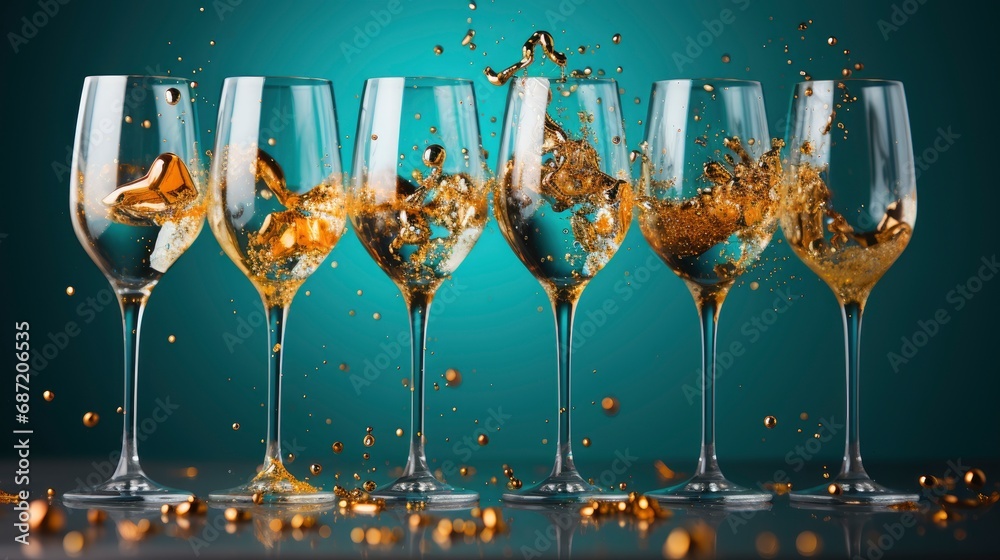 Champagne Glasses Confetti On Colored Background, Background Image
