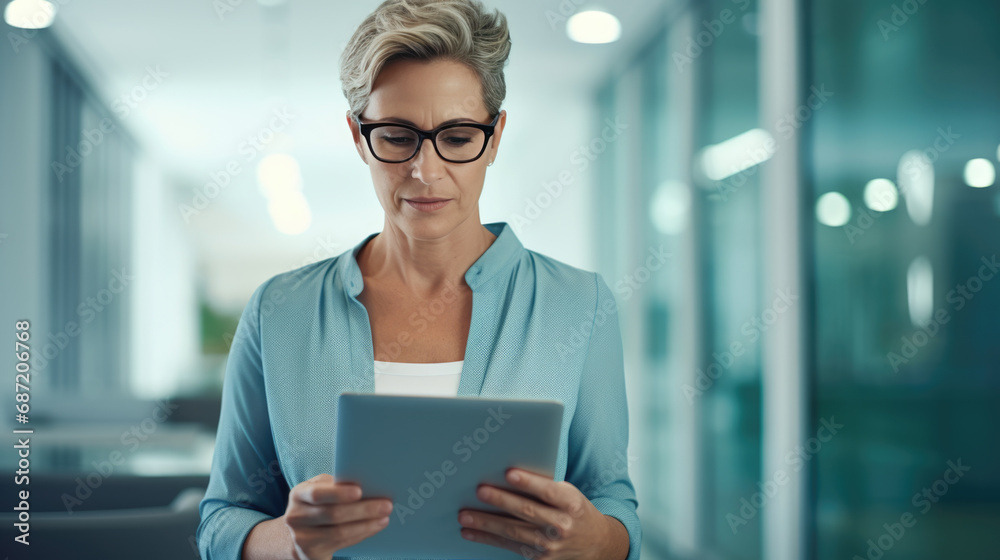 Businesswoman stands in an office with a tablet in her hands. Businesswoman stands in an office with a tablet in her hands.