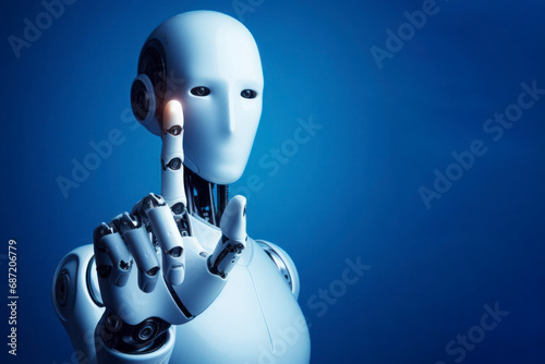 index finger of a robot close up on solid blue background. ai generative
