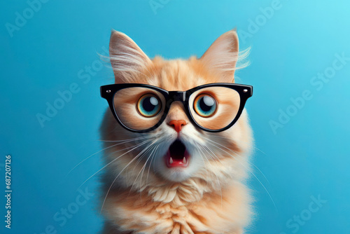 photo of a real animal surprised cat wear glasses on solid blue background. ai generative