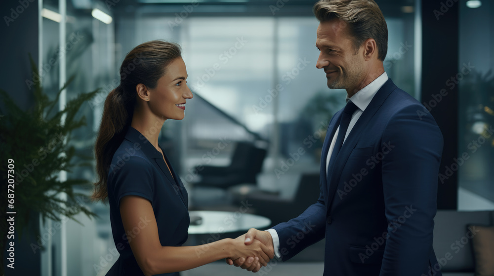 A woman and a man in suits shake hands in the office A woman and a man in suits shake hands in the office