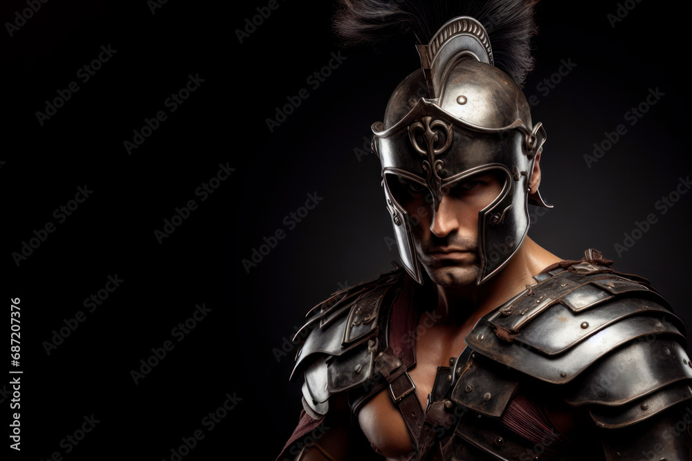 Portrait of angry Gladiator in armor on solid black background. ai generative Portrait of angry Gladiator in armor on solid black background. ai generative