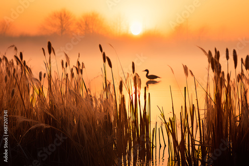 Ethereal sunrise at a foggy marshland  capturing silhouettes of reeds and waterfowl against the serene backdrop. 