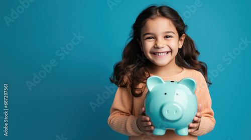 Young girl smiling and holding a blue piggy bank, representing the concept of teaching children about savings and financial responsibility.