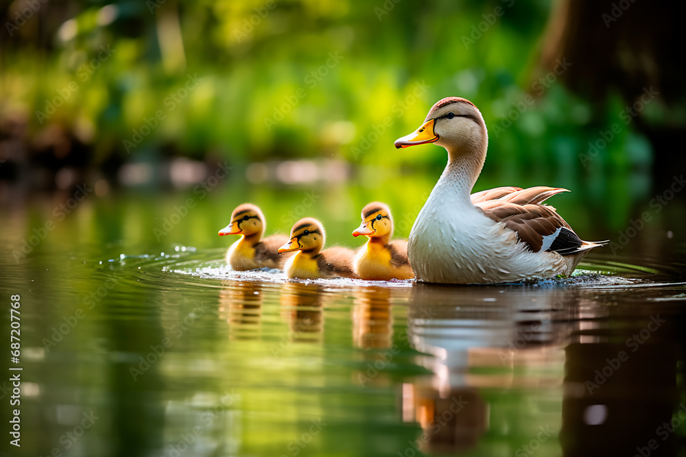A serene family of ducks glides across a calm pond, creating a perfect mirrored reflection on the water's surface. A serene family of ducks glides across a calm pond, creating a perfect mirrored reflection on the water's surface.