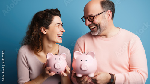 Smiling couple holding a pink piggy bank together, symbolizing financial planning and savings in a domestic setting.
