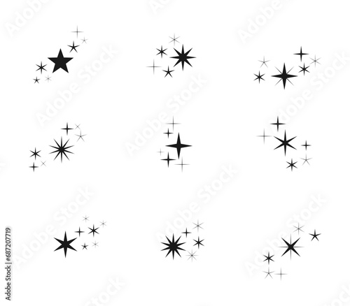 sparkle stars vector icon set, twinkle star shape symbols. Modern geometric elements, shining star icons, abstract sparkle black silhouettes symbol vector set.