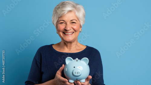 Cheerful senior woman holding a piggy bank, symbolizing savings and financial security in retirement.